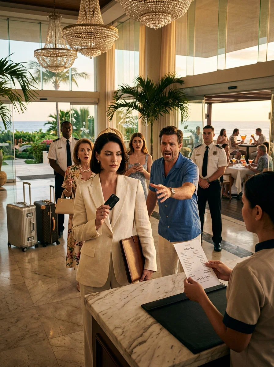 My husband left me alone in the resort lobby while his family toasted sunset cocktails without me. “It was just a joke,” he said. “Stop being dramatic.” But the joke ended at breakfast, when the clerk told them their unpaid balance was ,400. My mother-in-law gasped, “You’re embarrassing us!” I smiled and said, “No. I’m finally letting you pay for yourselves.” They still didn’t know I had already emailed my lawyer.